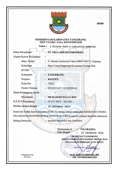 Izin Usaha Jasa Konstruksi PT. Tiga Kreasi